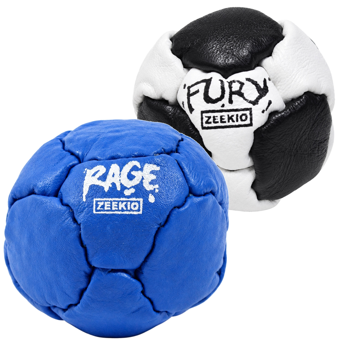 Zeekio Rage Blue and Fury Black and White leather footbag 2-pack