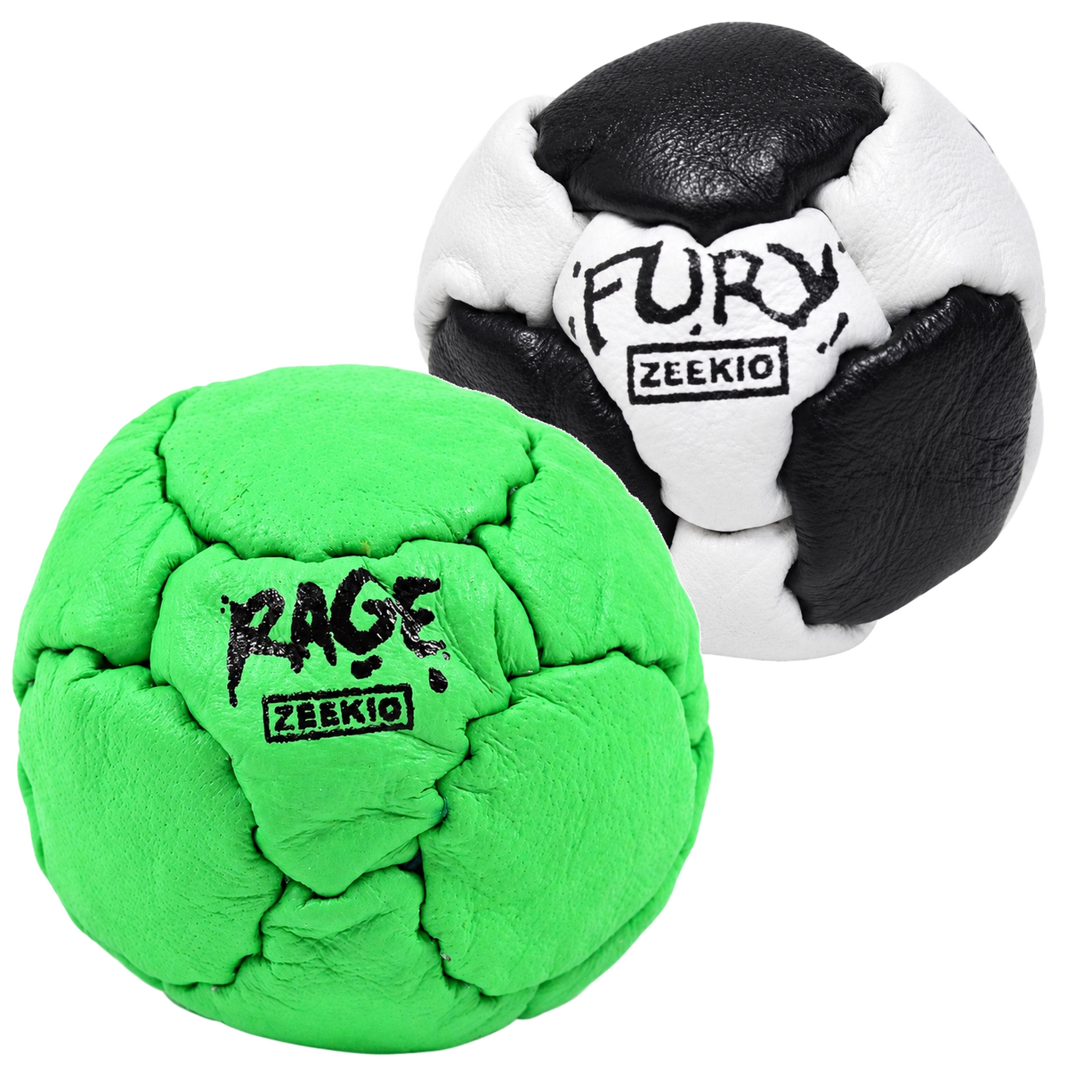 Zeekio Rage Neon Green and Fury Black and White leather footbag 2-pack
