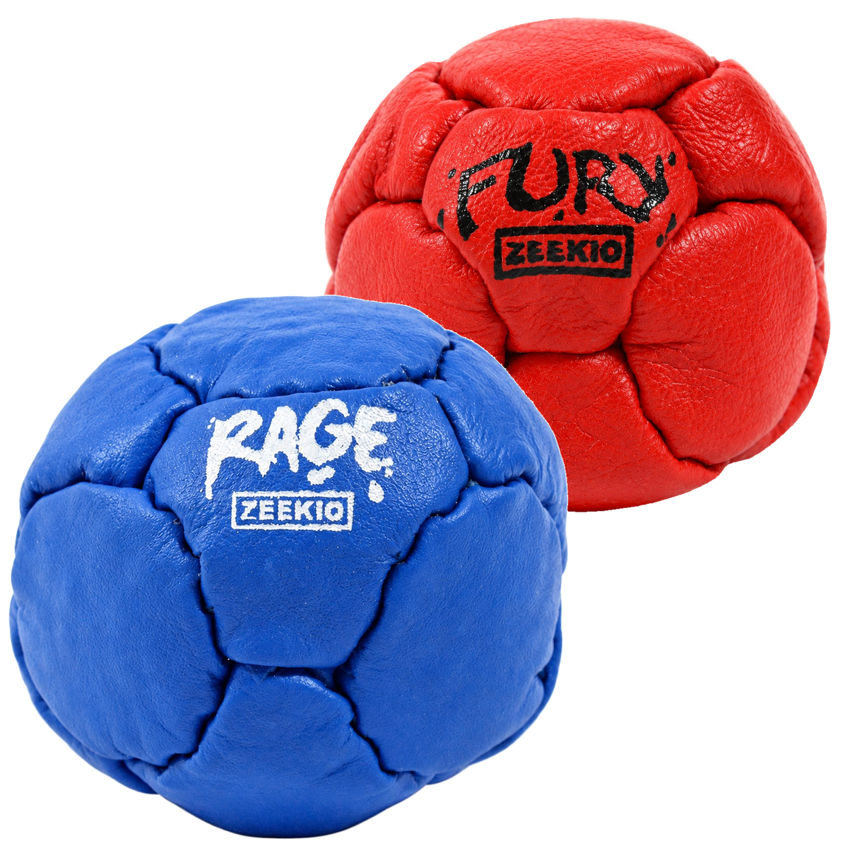 Zeekio Rage Blue and Fury Red leather footbag 2-pack