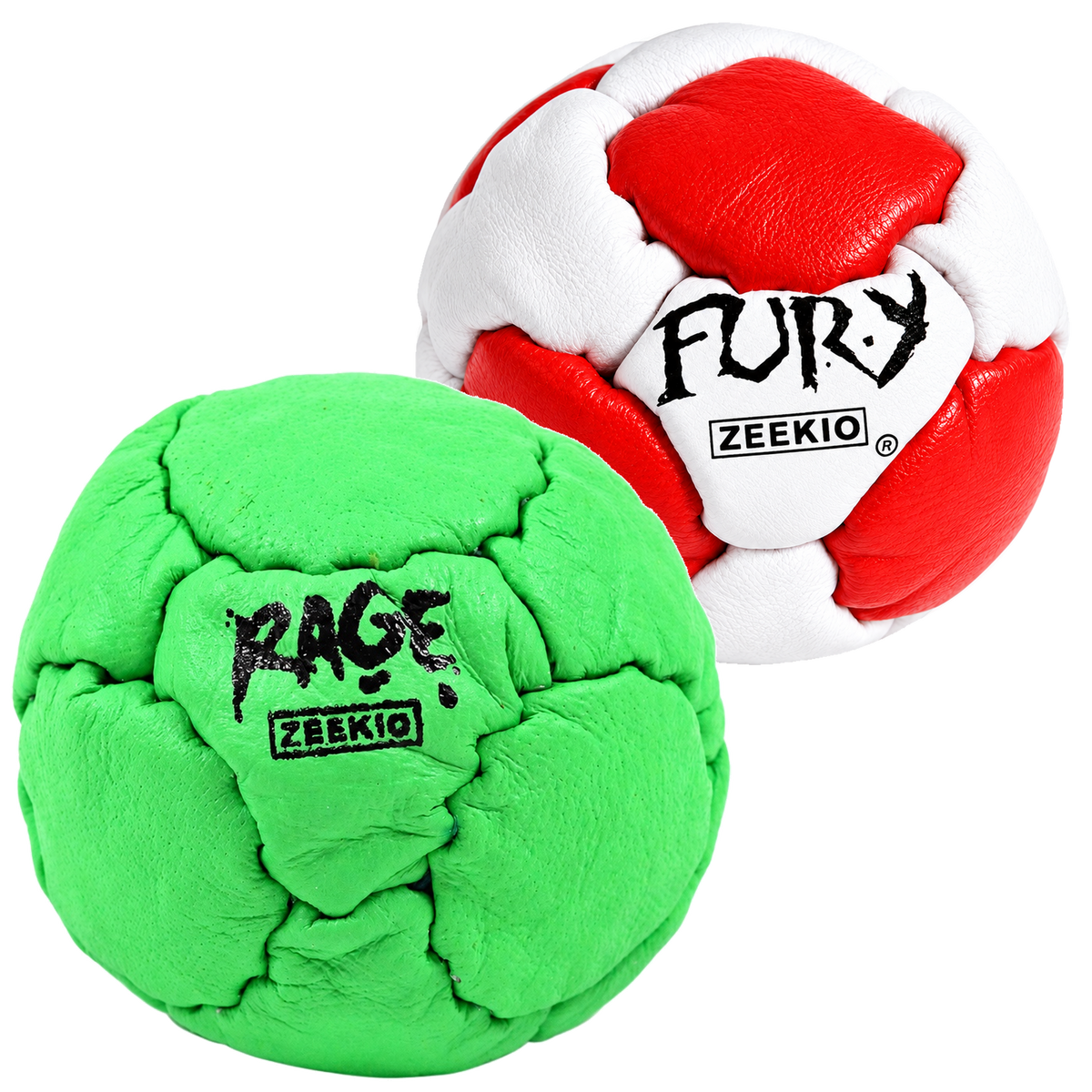 Zeekio Rage Neon Green and Fury Red and White leather footbag 2-pack
