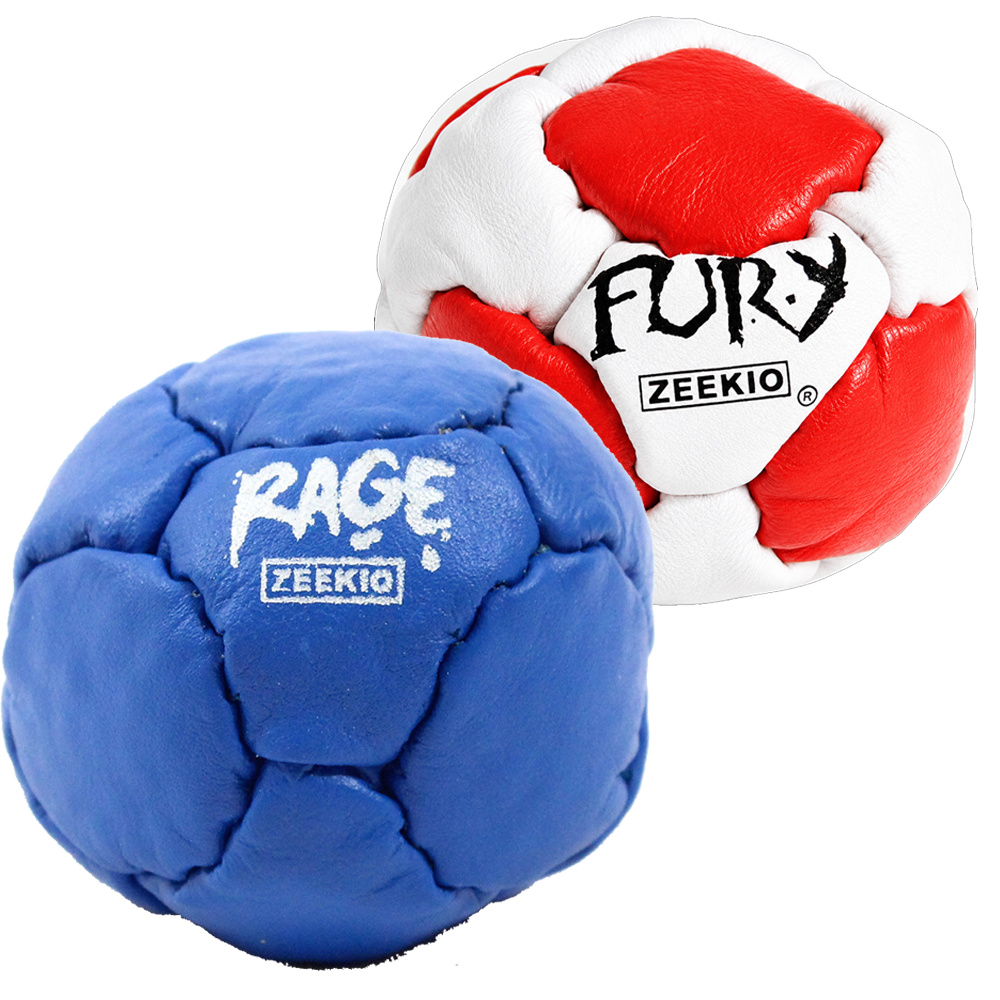 Zeekio Rage Blue and Fury Red and White leather footbag 2-pack