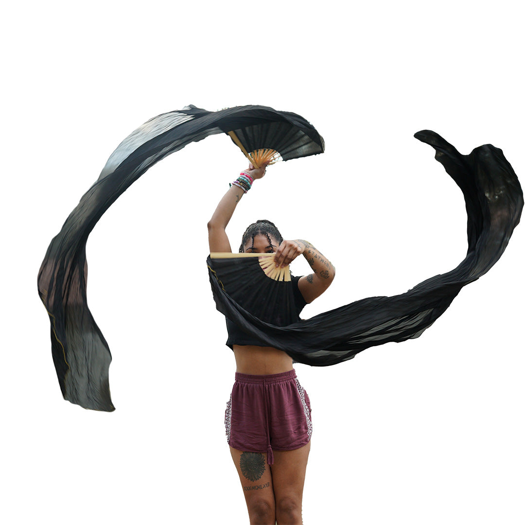 Mougee Silk Fans - for Flow Dance or Festivals - Sturdy Bamboo Handle and Carry Pouch — view 4