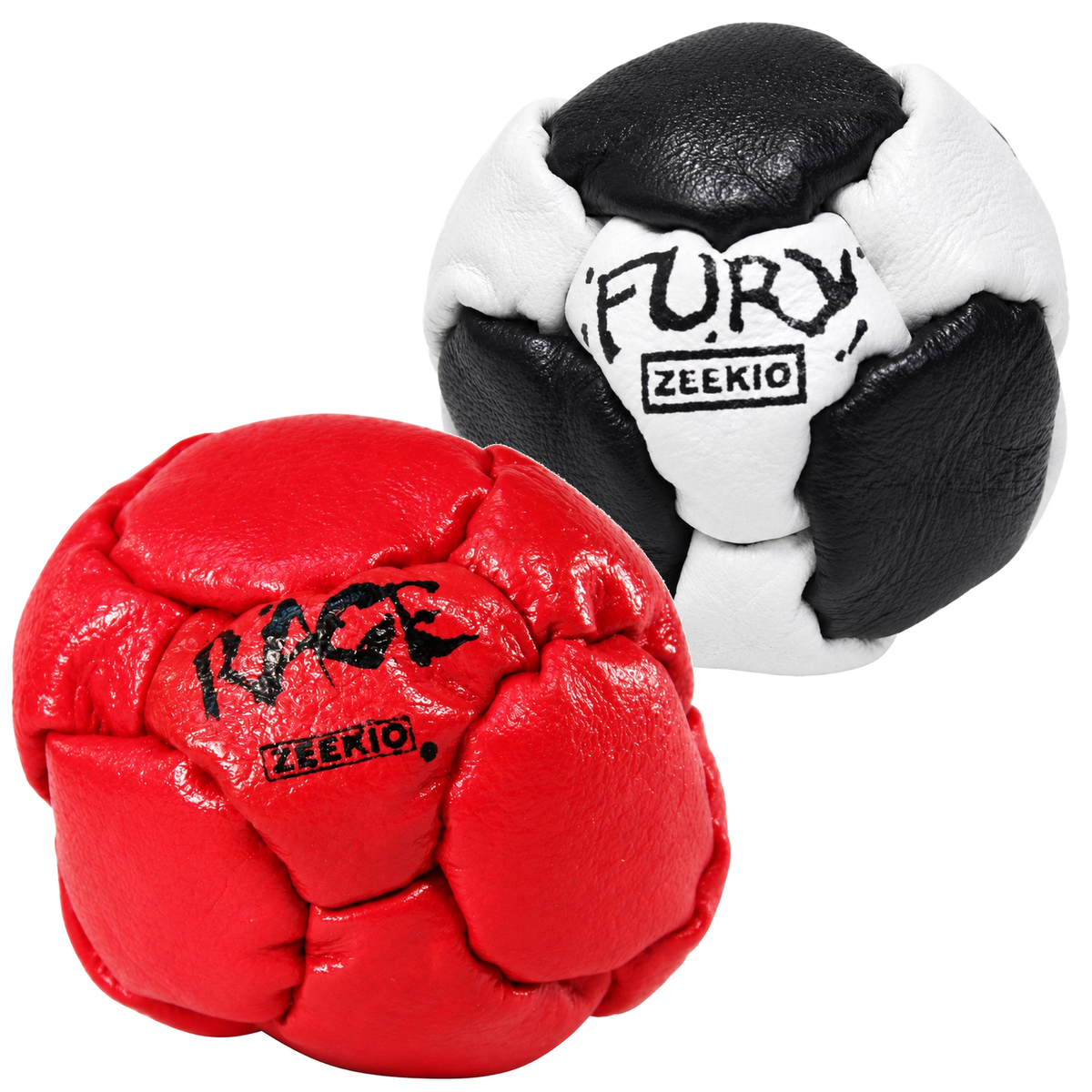 Zeekio Rage Red and Fury Black and White leather footbag 2-pack
