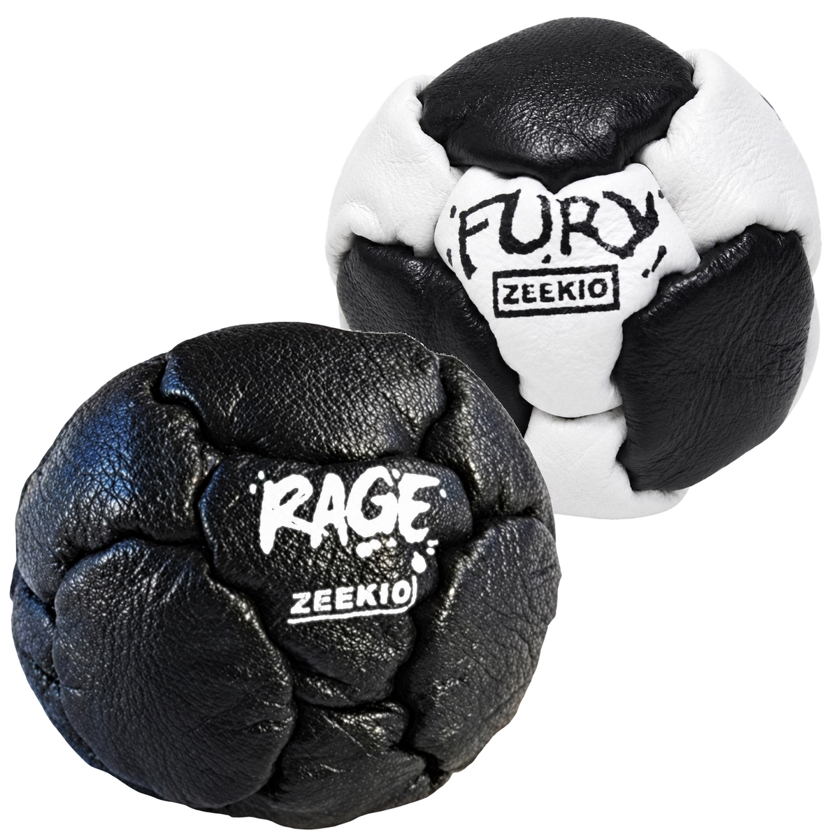 Zeekio Rage Black and Fury Black and White leather footbag 2-pack