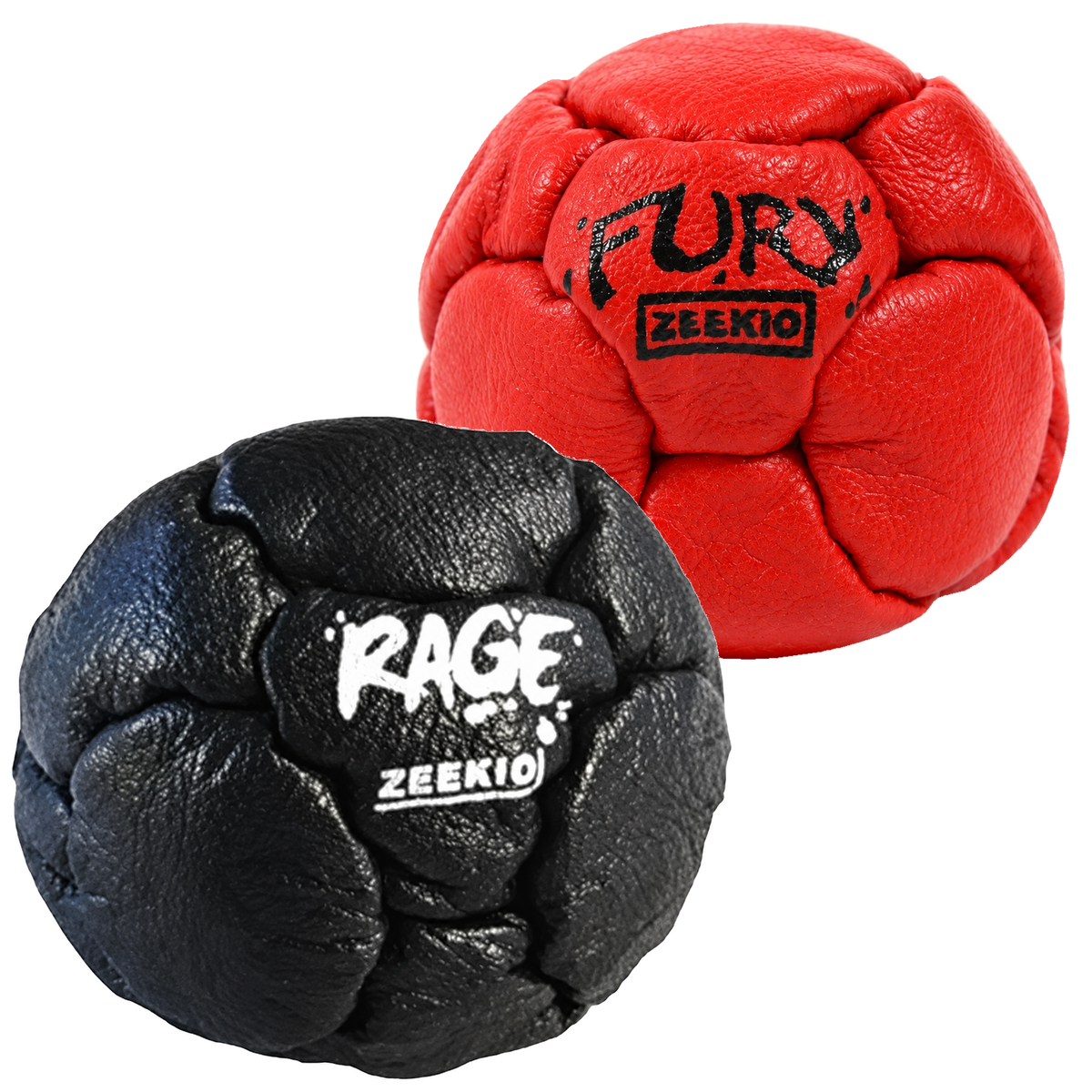 Zeekio Rage Black and Fury Red leather footbag 2-pack