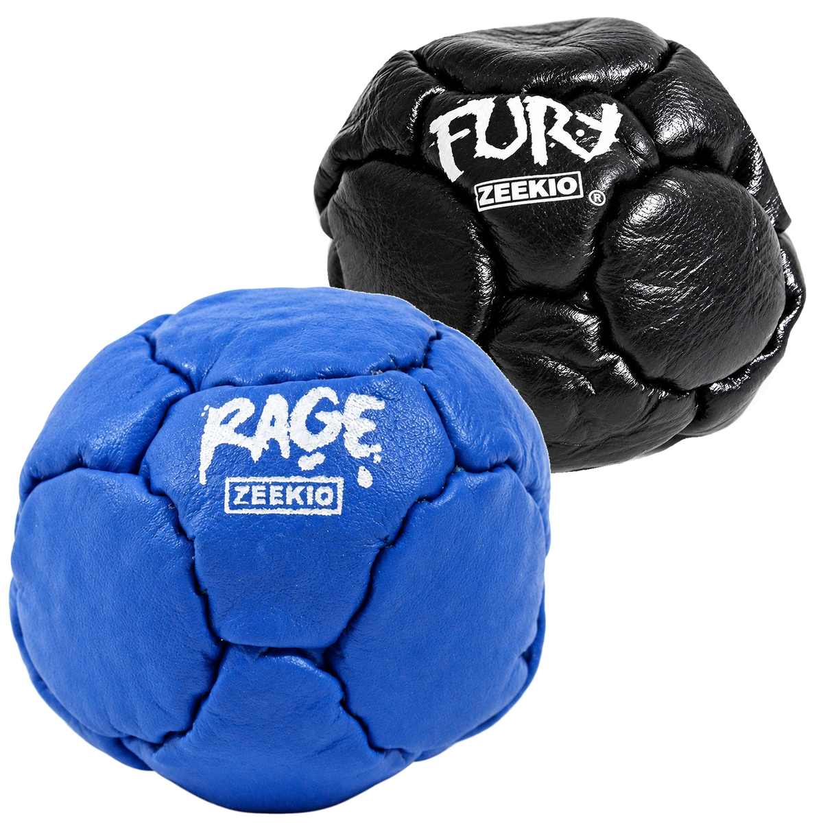 Zeekio Rage Blue and Fury Black leather footbag 2-pack