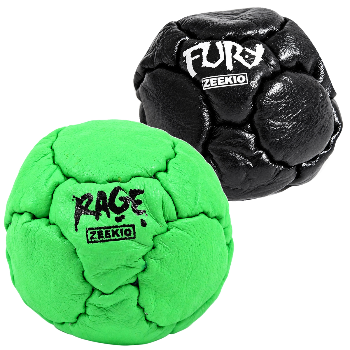 Zeekio Rage Neon Green and Fury Black leather footbag 2-pack