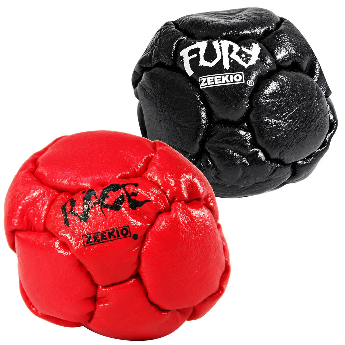Zeekio Rage Red and Fury Black leather footbag 2-pack