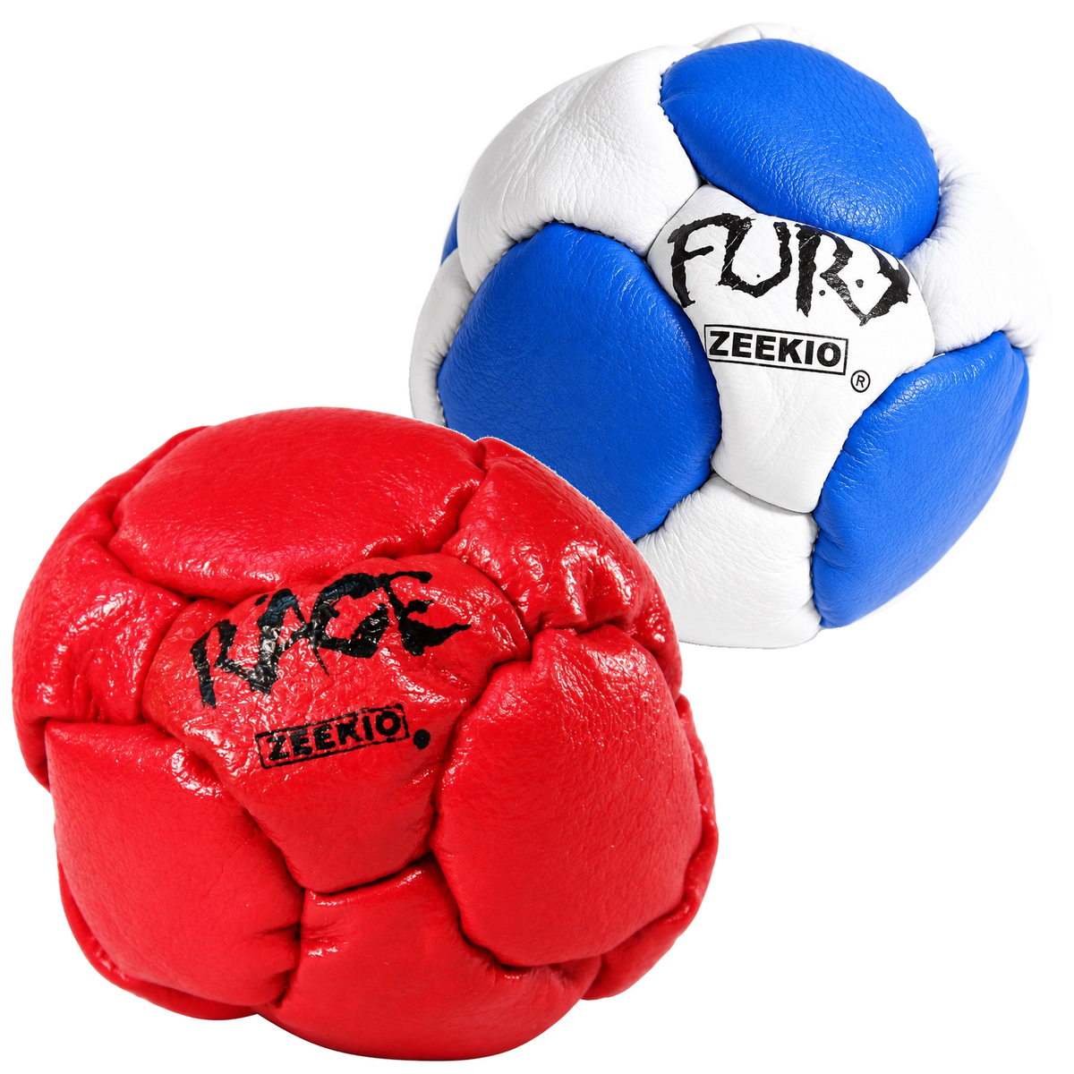 Zeekio Rage Red and Fury Blue and White leather footbag 2-pack