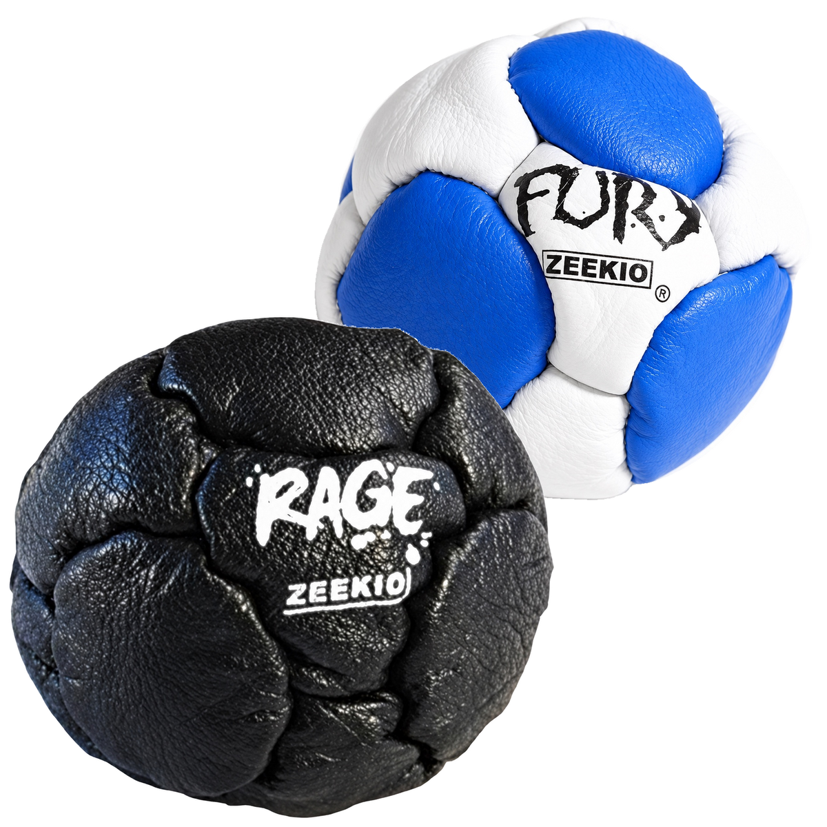 Zeekio Rage Black and Fury Blue and White leather footbag 2-pack