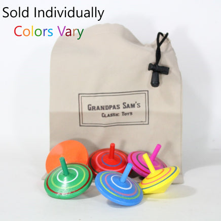 Grandpa Sam's Mini Wooden Spin Top with Carry Bag - Rotating Gyro 2 1/4" Spintop - Sold Individually - Colors Vary - YoYoSam